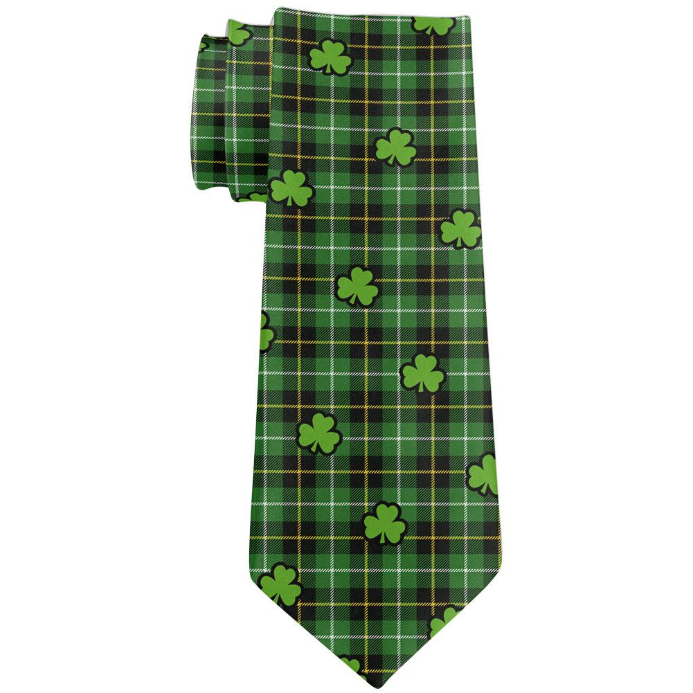 St. Patricks Day Clover Plaid Shamrocks Pattern All Over Neck Tie Men's Neck Ties Old Glory OS Green 