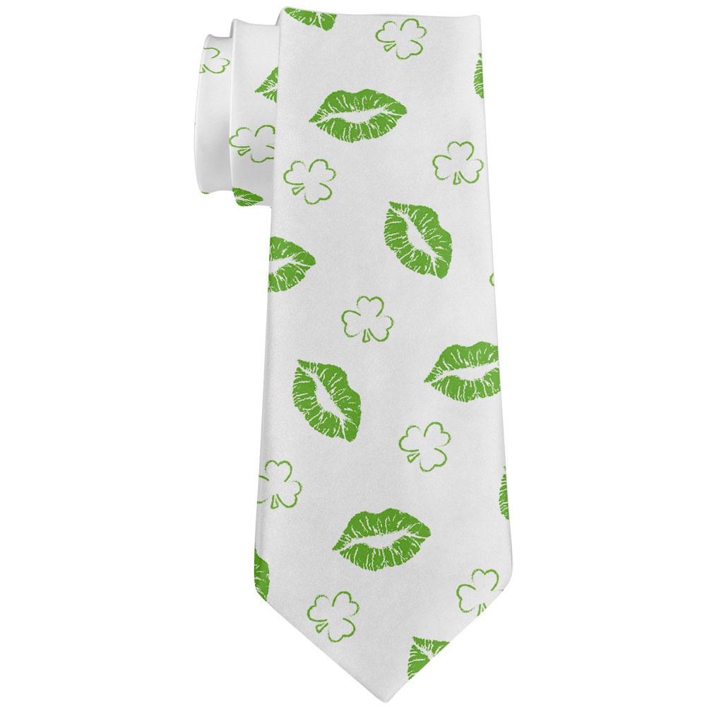 St. Patricks Day Shamrock Kisses Kiss Lips Pattern All Over Neck Tie Men's Neck Ties Old Glory OS White 