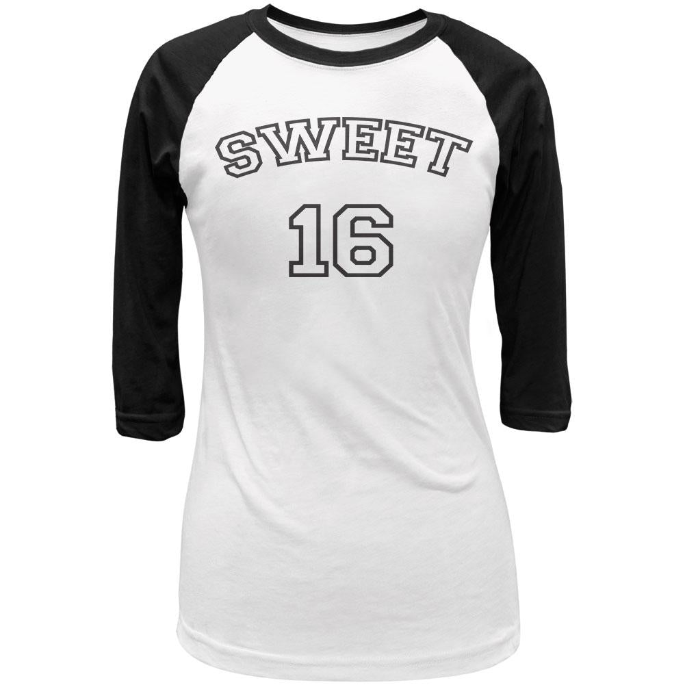 Milestone Birthday Athletic Sweet Sixteen 16 Juniors 3/4 Sleeve Raglan T Shirt Juniors T-Shirts Old Glory LG White-Black 