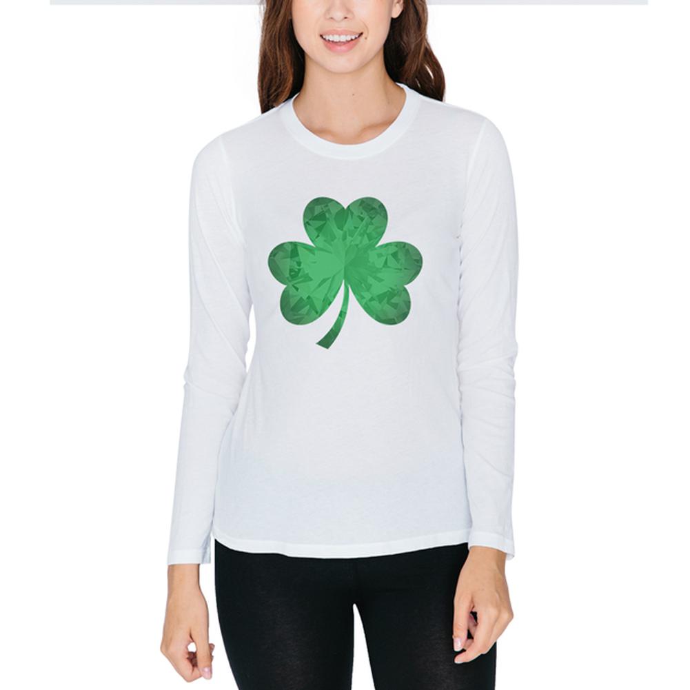 St. Patricks Day Jeweled Shamrock Juniors Long Sleeve T-Shirt Juniors Long Sleeves Old Glory 2XL White 