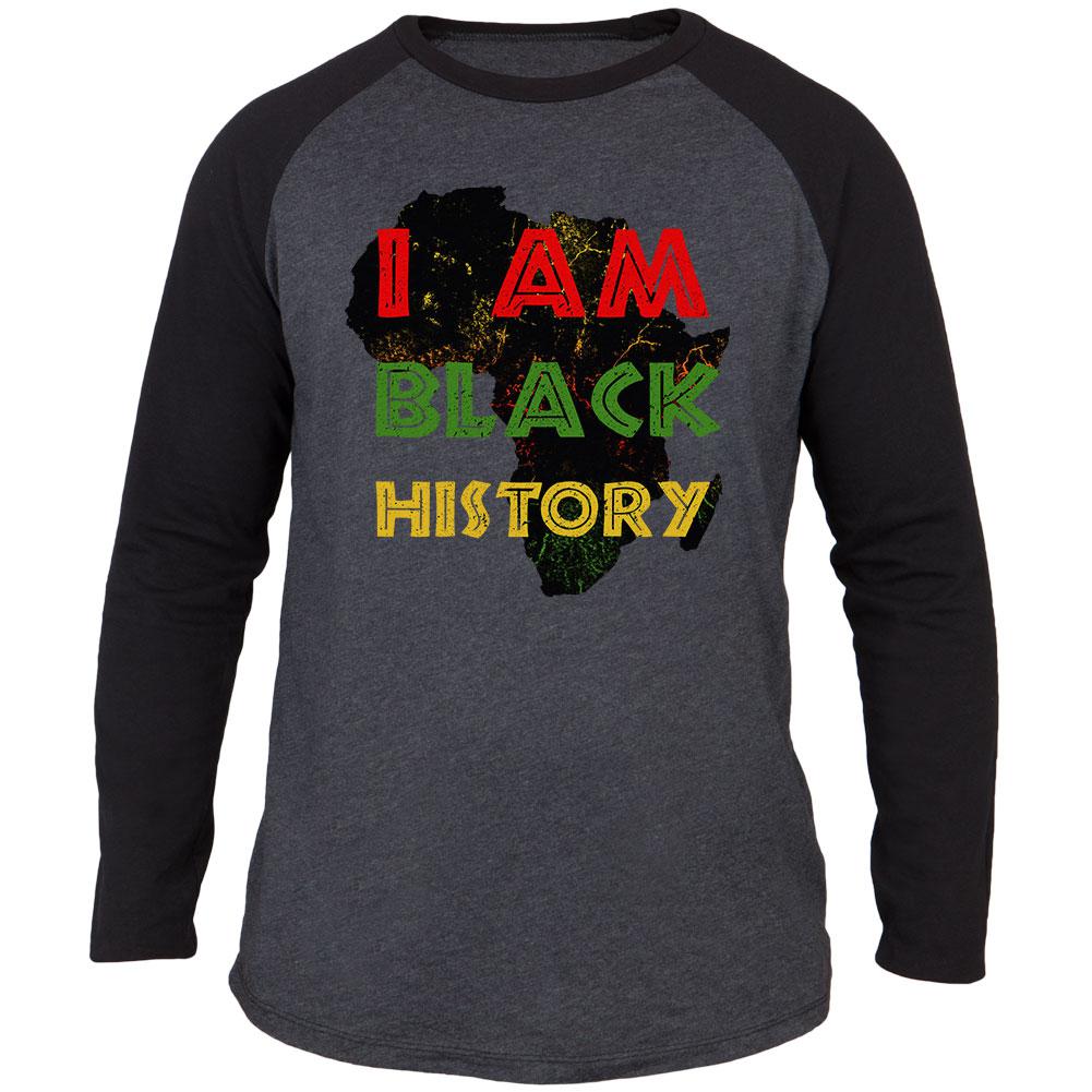 I am Black History Africa Distressed Adult Long Sleeve Raglan T-Shirt Men's Long Sleeves Old Glory SM Heather Black-Black