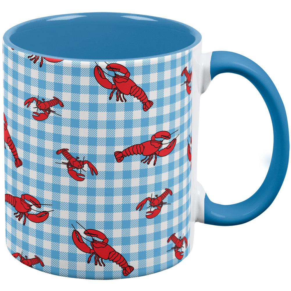 Lobster Crustacean Gingham Checker Summer Aqua Handle Coffee Mug Coffee Mugs Old Glory OS White/Light Blue 