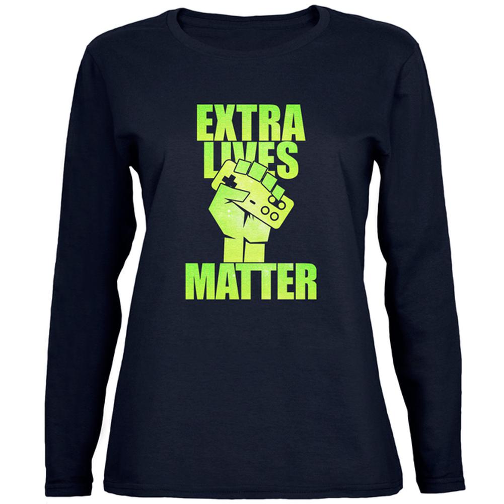 Video Games Extra Lives Matter Womens Long Sleeve T Shirt Women's Long Sleeves Old Glory 2XL Navy 