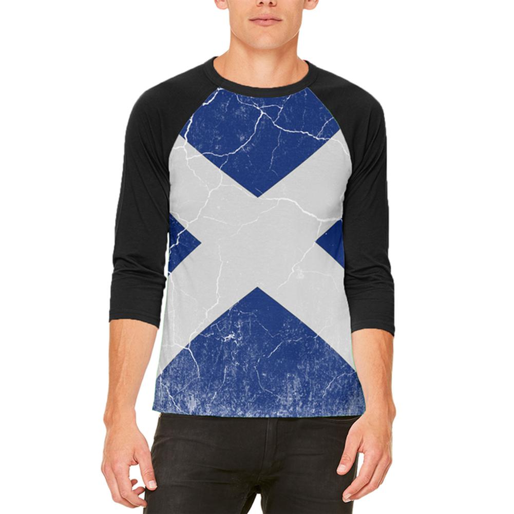 Scottish Flag Distressed Grunge Scotland Mens Raglan T Shirt Men's T-Shirts Old Glory 2XL White-Black 