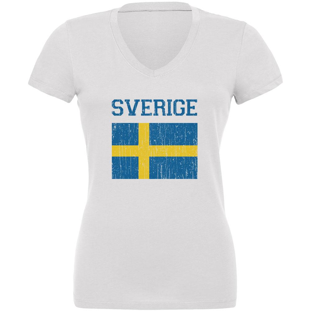 World Cup Distressed Flag Sweden Sverige Juniors V-Neck T Shirt Juniors T-Shirts Old Glory LG White 