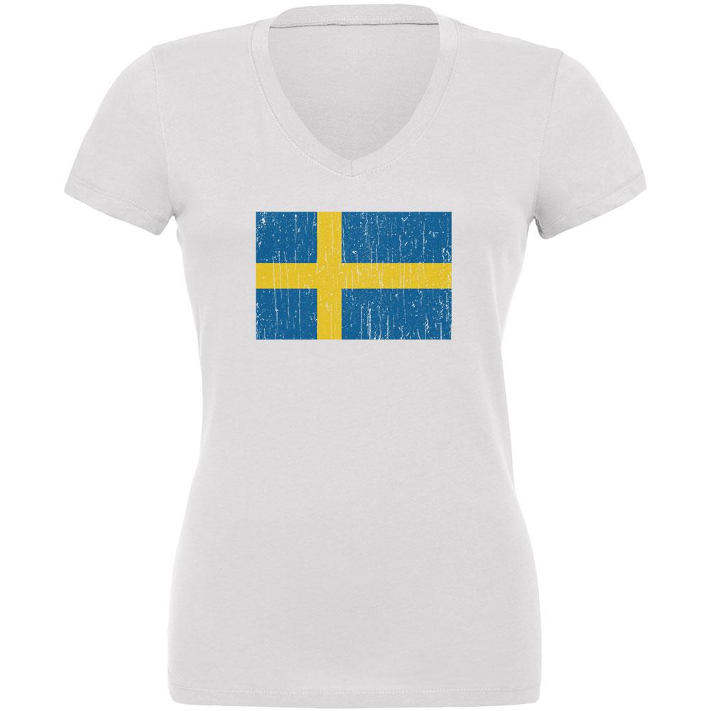 World Cup Distressed Flag Swedish Sweden Juniors V-Neck T Shirt Juniors T-Shirts Old Glory LG White 