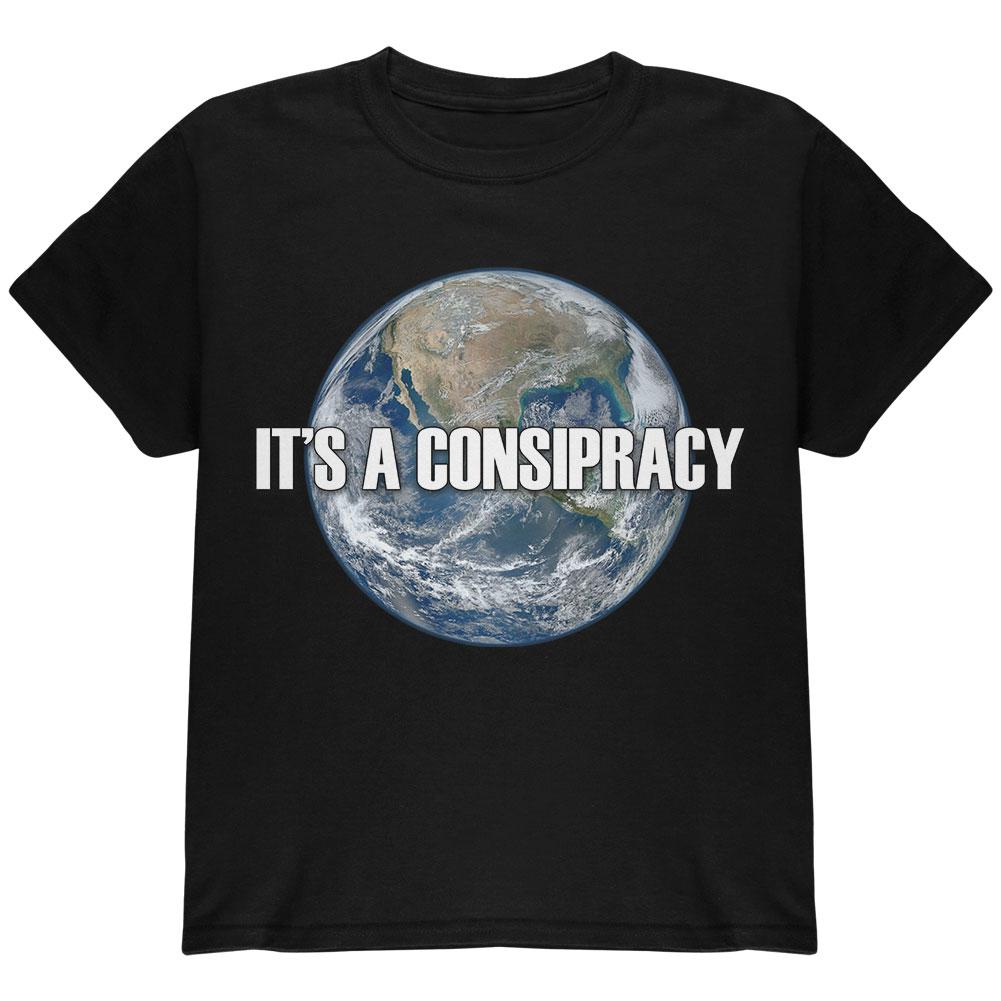 Earth Day It's A Conspiracy Earth Flat Not Round Youth T Shirt Youth T-Shirts Old Glory LG Black 