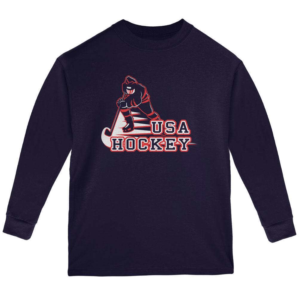 Fast Hockey Player Country USA Youth Long Sleeve T Shirt Youth Long Sleeves Old Glory LG Navy 