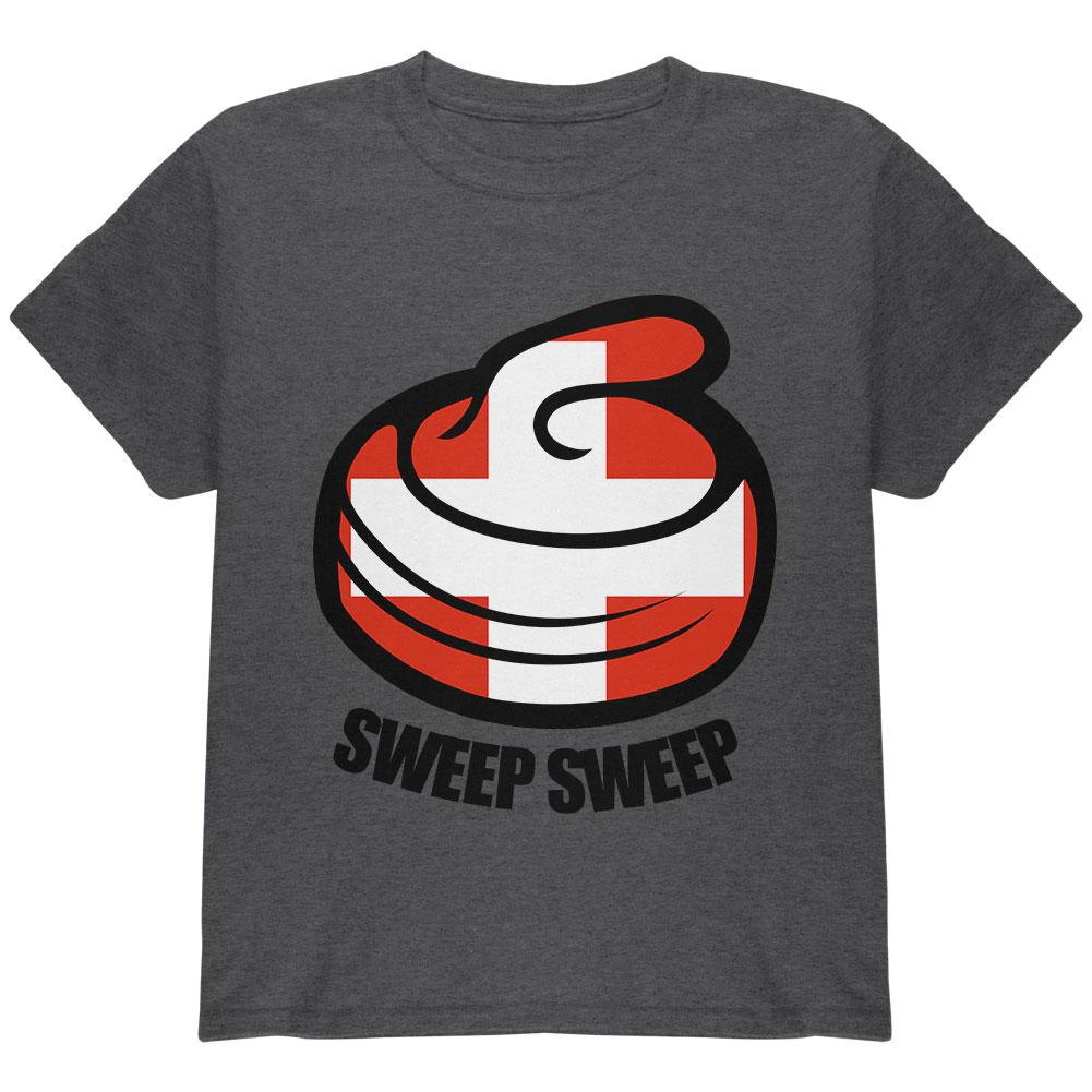 Winter Sports Flag Curling Sweep Sweep Switzerland Youth T Shirt Youth T-Shirts Old Glory LG Heather 