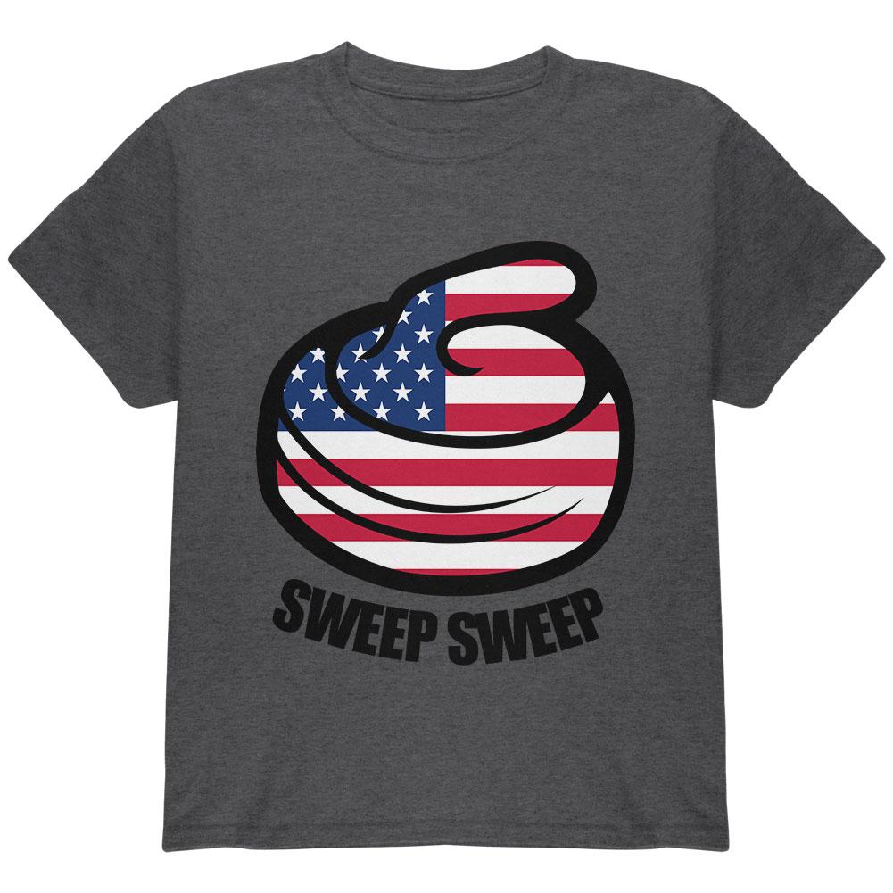 Winter Sports Flag Curling Sweep Sweep USA Youth T Shirt Youth T-Shirts Old Glory LG Heather 