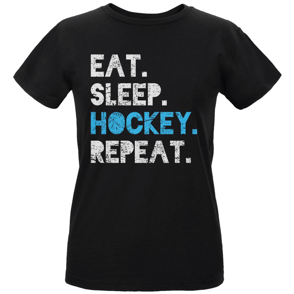 Eat Sleep Repeat Distressed Hockey Womens Organic T Shirt Women's T-Shirts Old Glory LG Black 