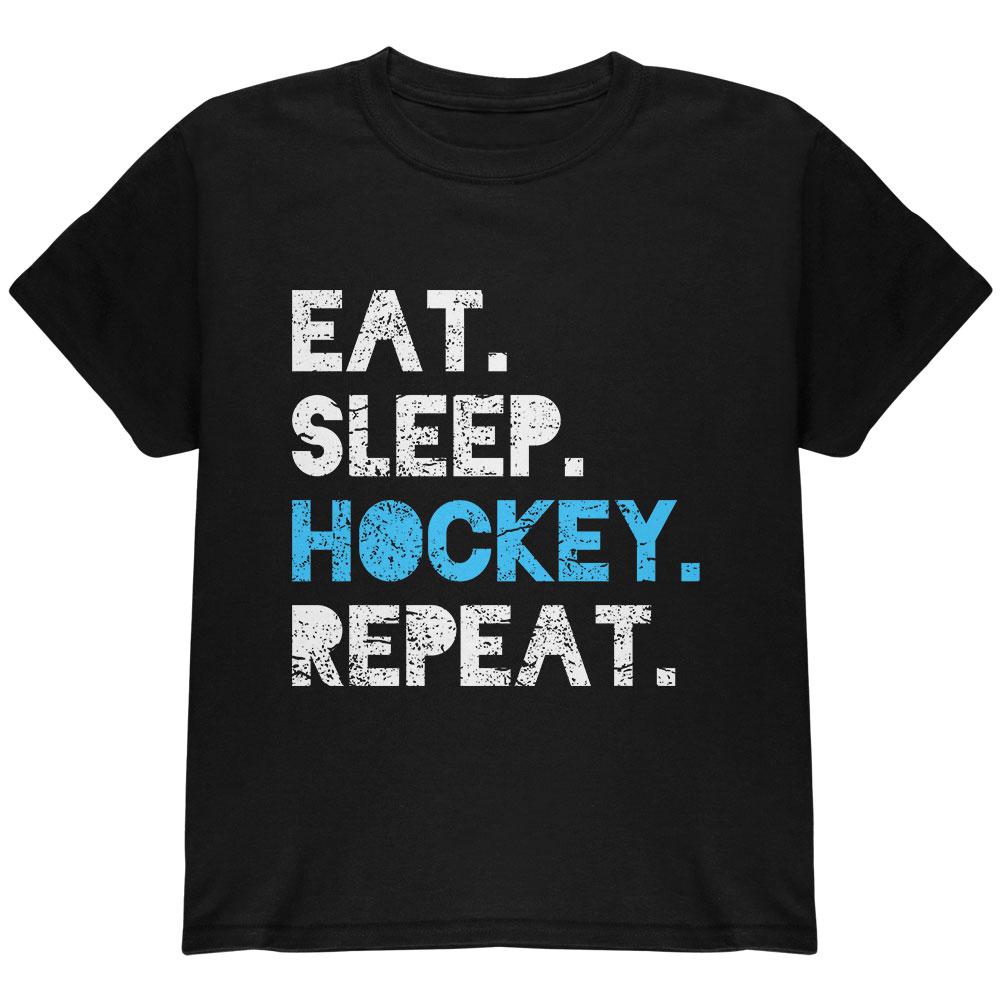 Eat Sleep Repeat Distressed Hockey Youth T Shirt Youth T-Shirts Old Glory LG Black 