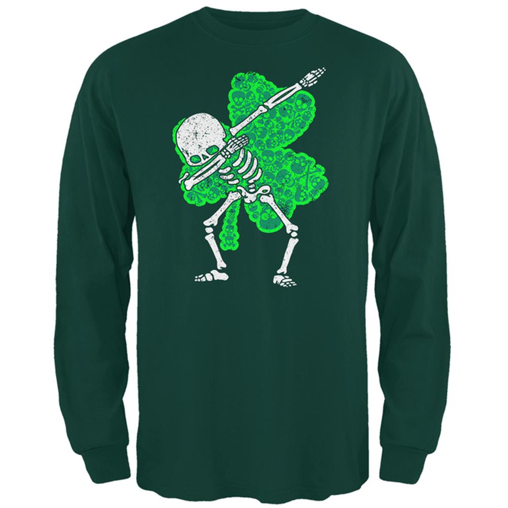 St Patricks Dabbing Skeleton Shamrock Skulls Mens Long Sleeve T Shirt Men's Long Sleeves Old Glory 2XL Forest Green 