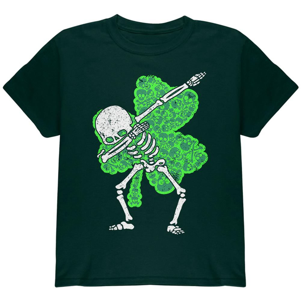 St Patricks Dabbing Skeleton Shamrock Skulls Youth T Shirt Youth T-Shirts Old Glory LG Forest Green 