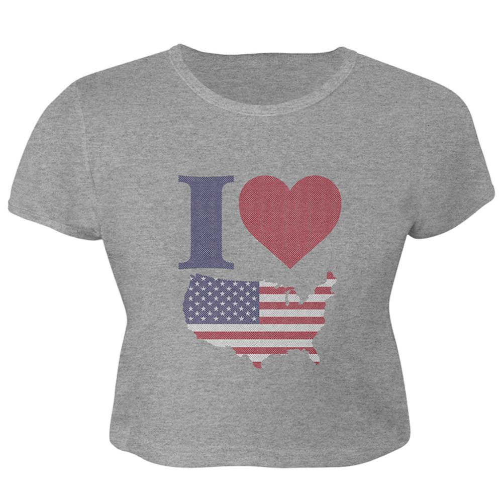 4th of July I Heart Love America Halftone Juniors Crop Top T-Shirt Juniors Crop T-Shirts Old Glory LG Heather 