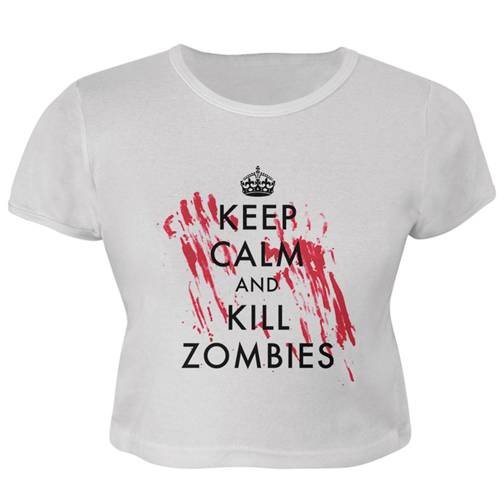 Keep Calm and Kill Zombies Juniors Crop Top T-Shirt Juniors Crop T-Shirts Old Glory LG White 