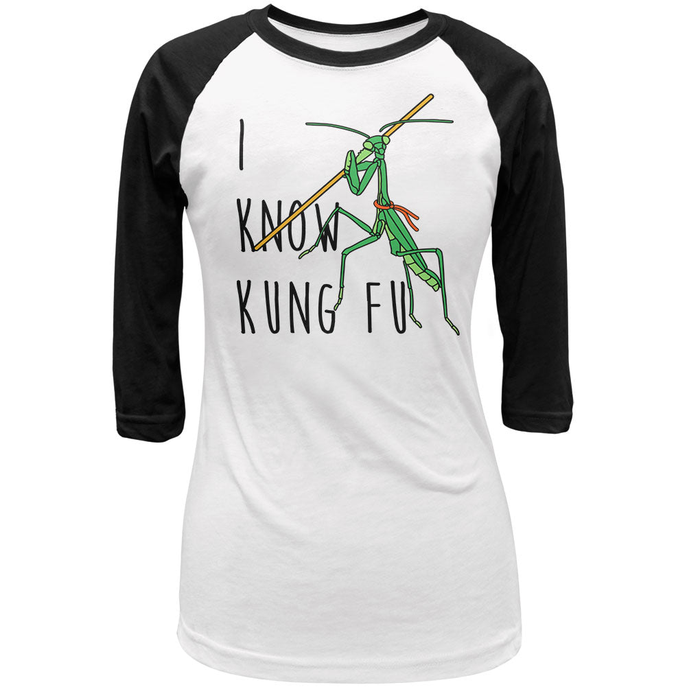 Praying Mantis I Know Kung Fu Juniors 3/4 Sleeve Raglan T Shirt Juniors Raglans Old Glory LG White-Black 