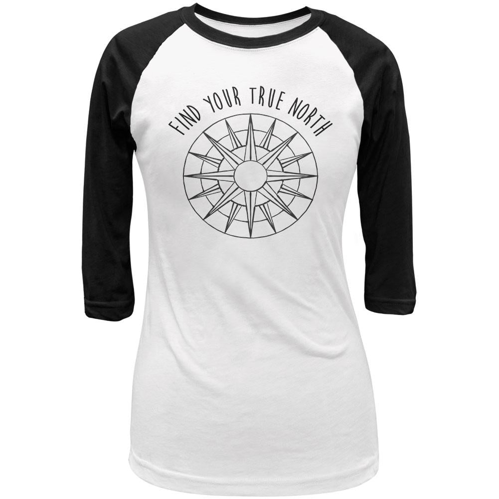 Hiking Outdoors Find Your True North Juniors 3/4 Sleeve Raglan T Shirt Juniors T-Shirts Old Glory LG White-Black 