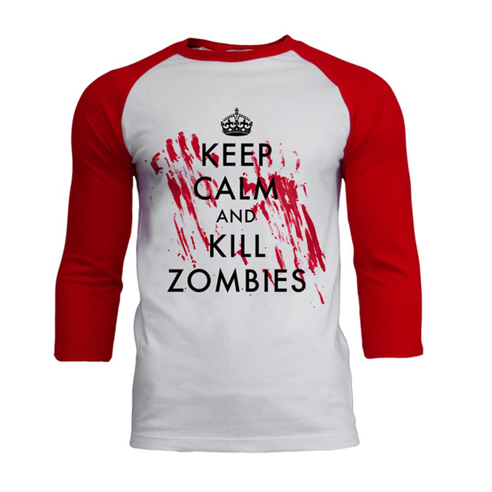 Keep Calm and Kill Zombies Mens Soft Raglan T Shirt Men's T-Shirts Old Glory 2XL White-Red 