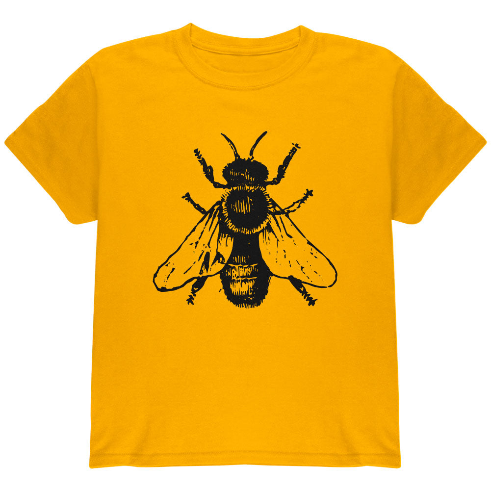 Honey Bee Bees Woodcut Youth T Shirt Youth T-Shirts global YLG Gold 