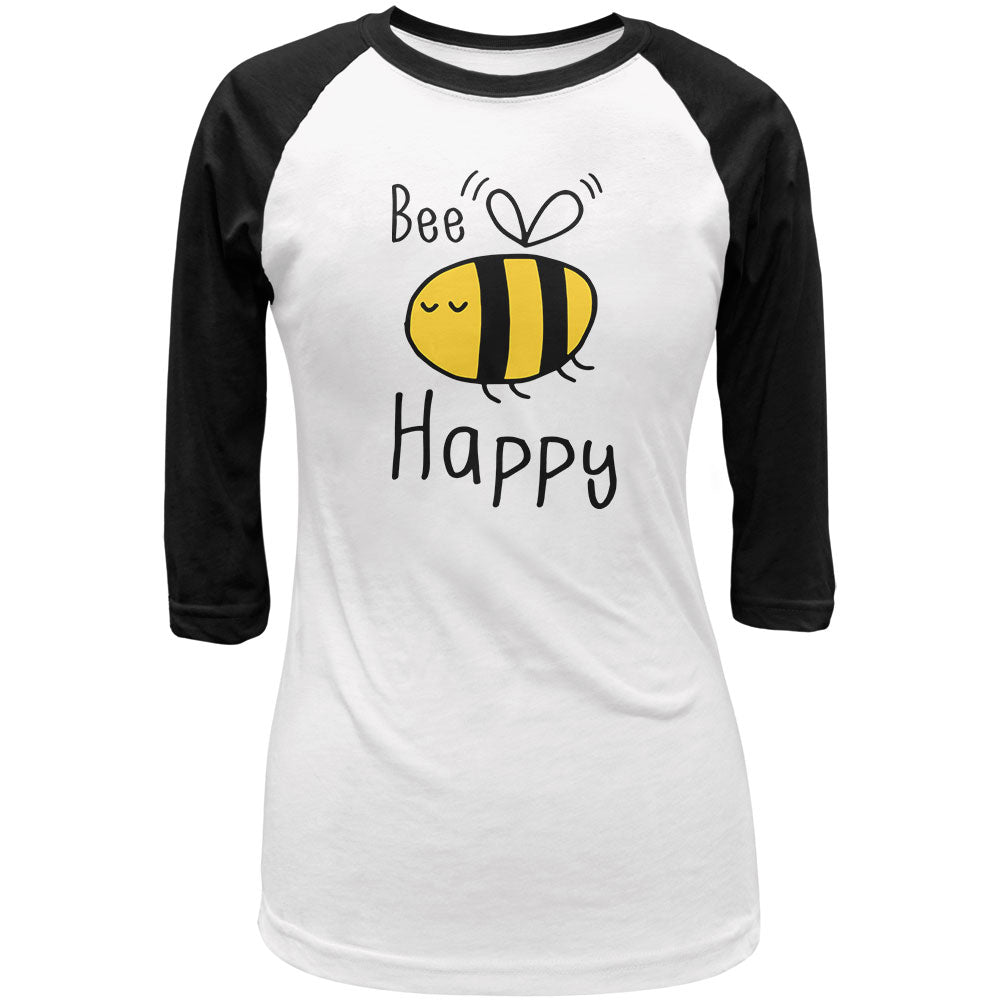 Honey Bee Bees Bee Happy Juniors 3/4 Sleeve Raglan T Shirt Junior's T-Shirts global LG White 