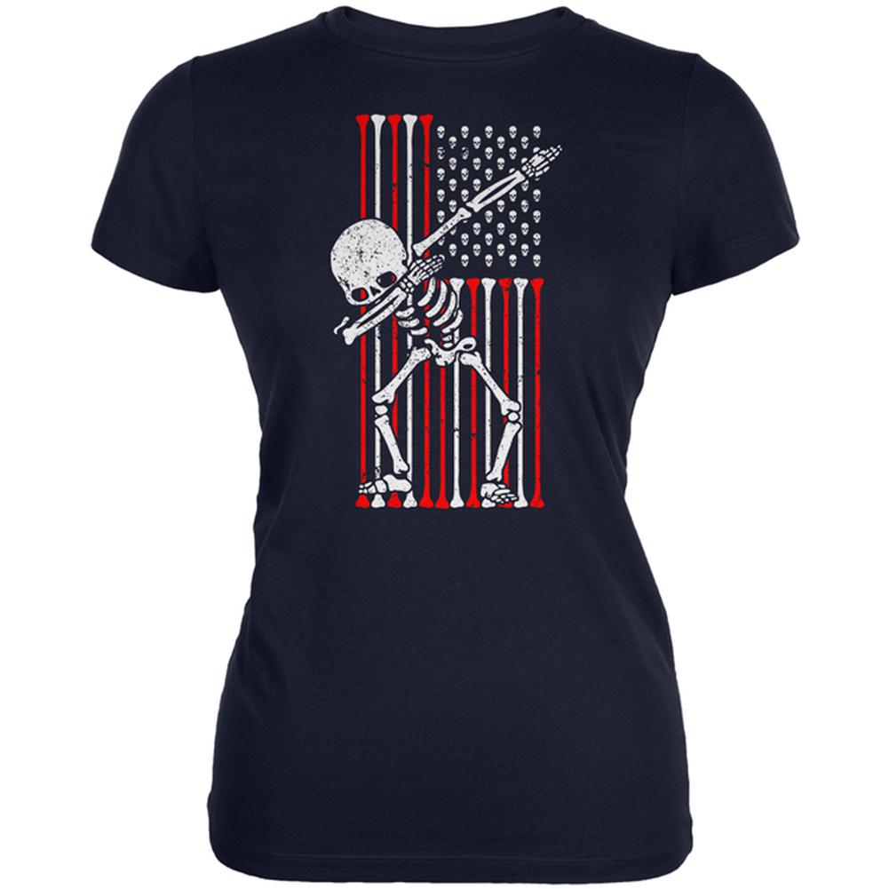 4th of July Dabbing Skeleton American Flag Skulls Juniors Soft T Shirt Juniors T-Shirts Old Glory 2XL Navy 