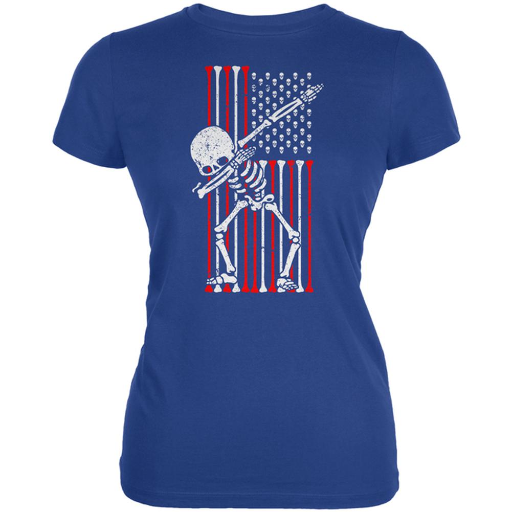 4th of July Dabbing Skeleton American Flag Skulls Juniors Soft T Shirt Juniors T-Shirts Old Glory 2XL Royal 