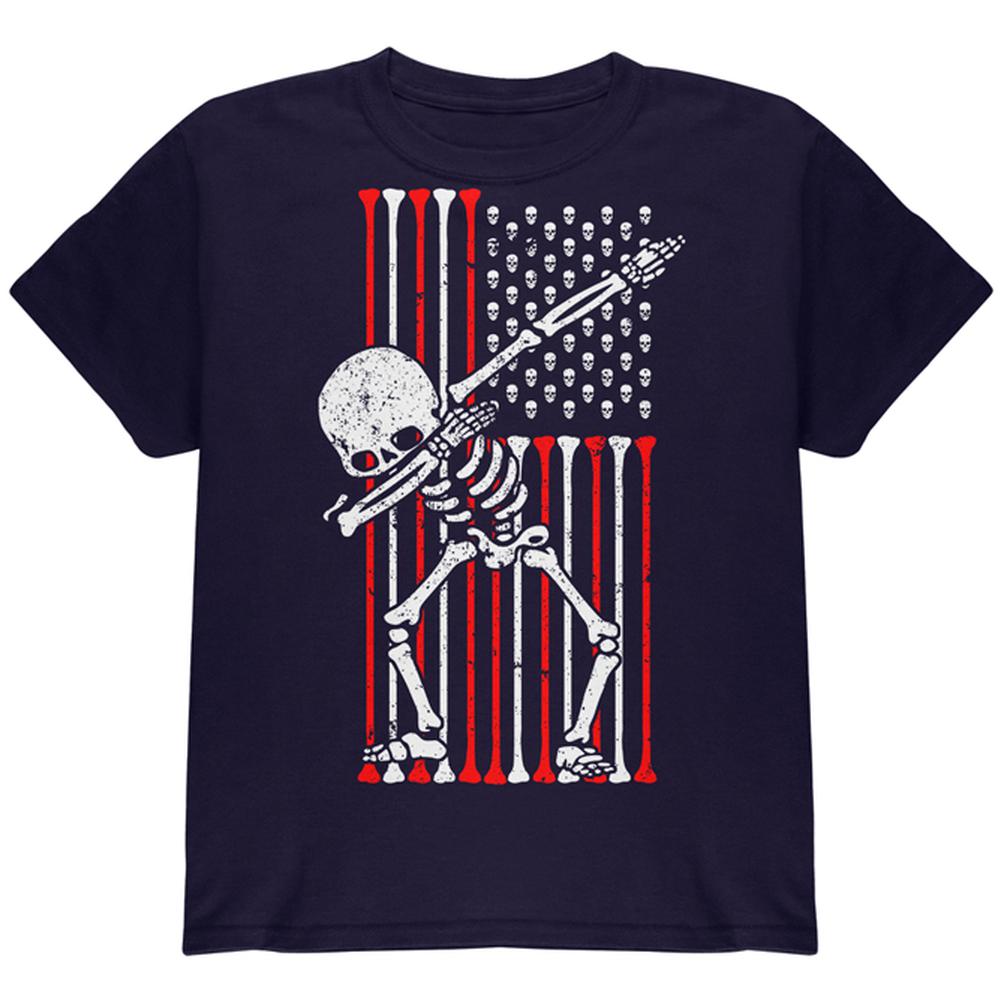 4th of July Dabbing Skeleton American Flag Skulls Youth T Shirt Youth T-Shirts Old Glory LG Navy 