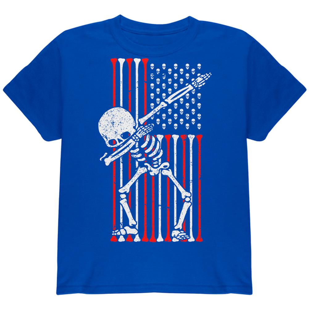 4th of July Dabbing Skeleton American Flag Skulls Youth T Shirt Youth T-Shirts Old Glory LG Royal 