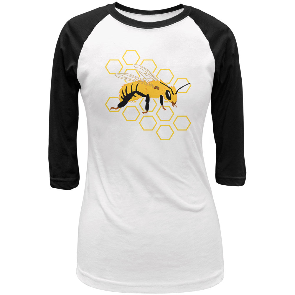 Honey Bee Honeycomb Outline Juniors 3/4 Sleeve Raglan T Shirt Junior's T-Shirts Old Glory LG White 