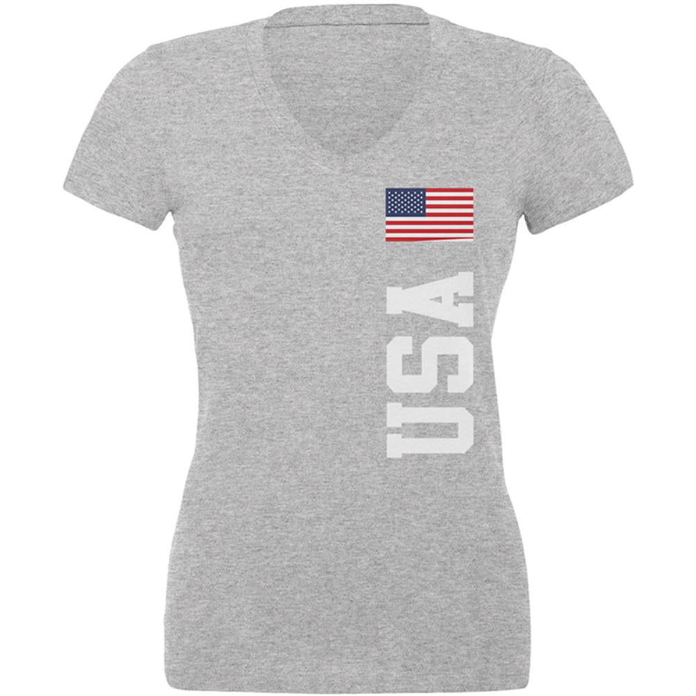 4th of July USA World Cup Juniors V-Neck T Shirt Juniors T-Shirts Old Glory 2XL Heather 