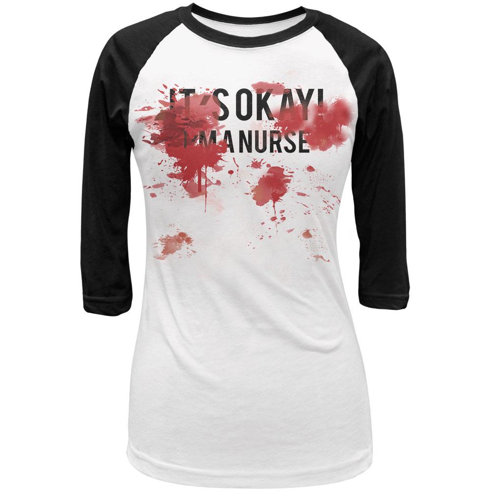 Blood Splatter It's Okay I'm A Nurse Juniors 3/4 Sleeve Raglan T Shirt Juniors T-Shirts Old Glory LG White-Black 