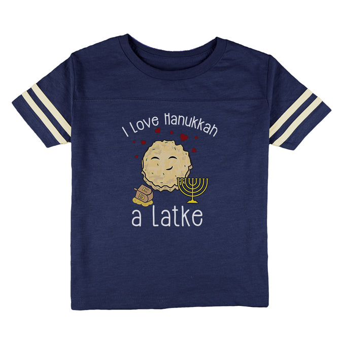 I Love Hanukkah A Lot Latke Toddler Football T Shirt Toddler T-Shirts Old Glory 2T Heather Royal 