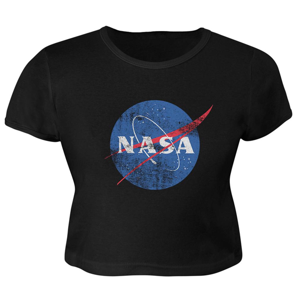 NASA Distressed Logo Juniors Crop Top T-Shirt Juniors Crop T-Shirts NASA LG Black 