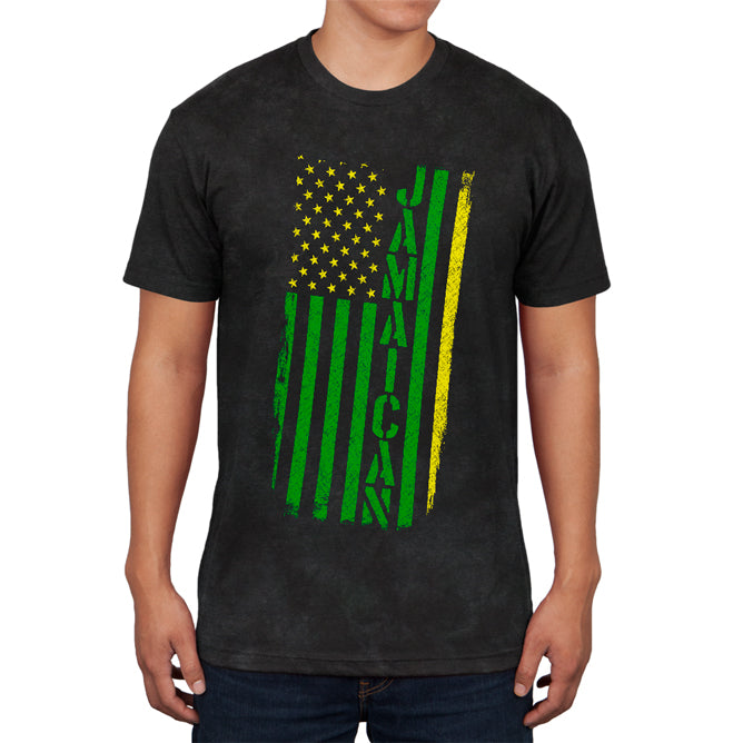 Jamaican American Distressed Flag Mens Soft T Shirt Men's T-Shirts Old Glory SM Charcoal Black 