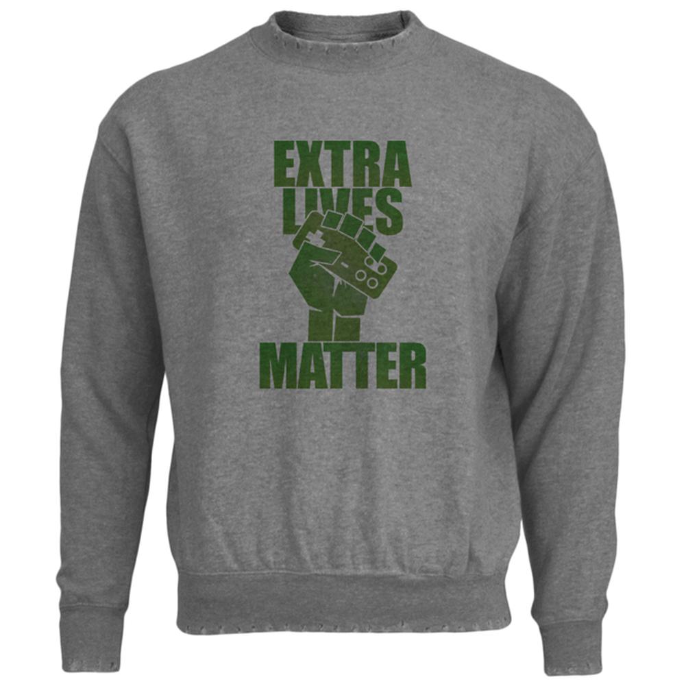 Extra Lives Matter Mens Destroyed Sweatshirt Men's Sweatshirts Old Glory LG Heather 