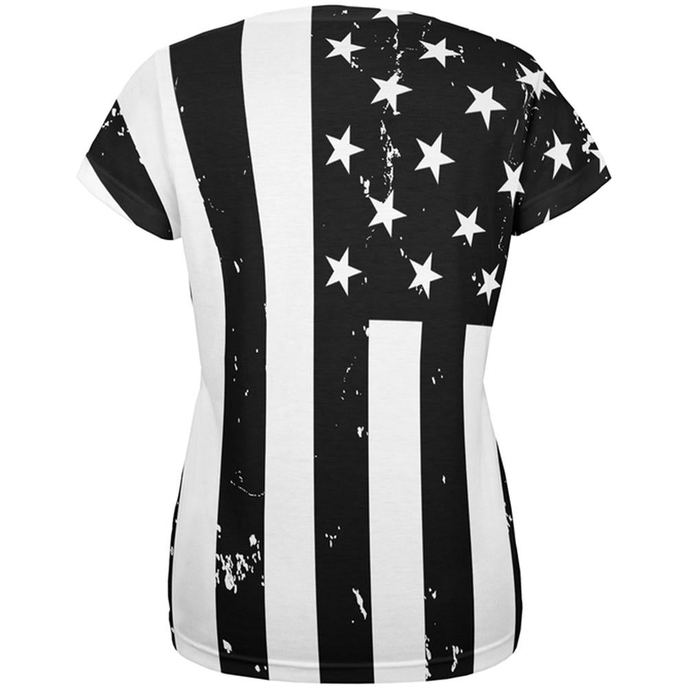 Black and White American Flag All Over Womens T Shirt Women's T-Shirts Old Glory   