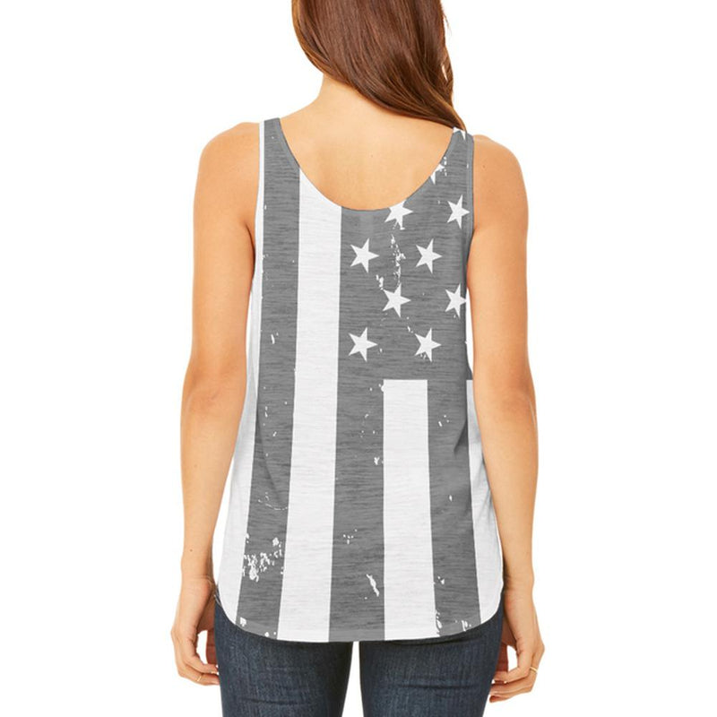 Black and White American Flag Juniors Flowy Side Slit Tank Top Juniors Tank Tops Old Glory   