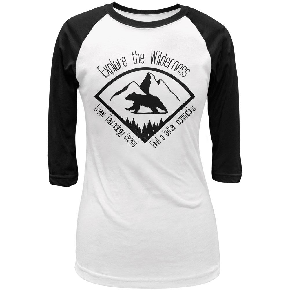 Explore The Wilderness No Wifi Better Connection Juniors 3/4 Sleeve Raglan T Shirt Juniors T-Shirts Old Glory LG White-Black 