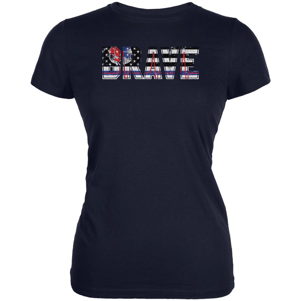 Brave EMT Firefighter Thin Red Blue Line Flag Juniors Soft T Shirt Juniors T-Shirts Old Glory 2XL Navy 