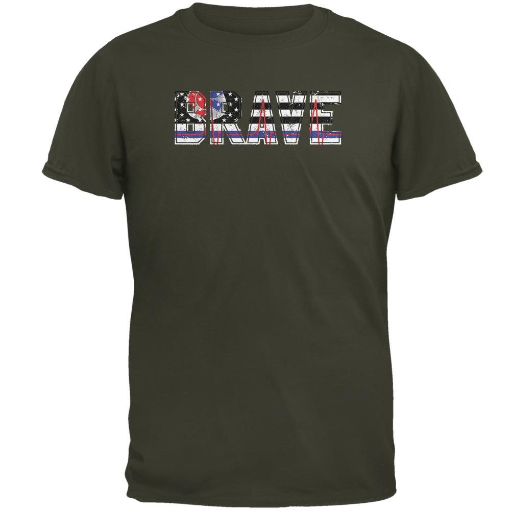 Brave EMT Firefighter Thin Red Blue Line Flag Mens T Shirt Men's T-Shirts Old Glory MD Olive 