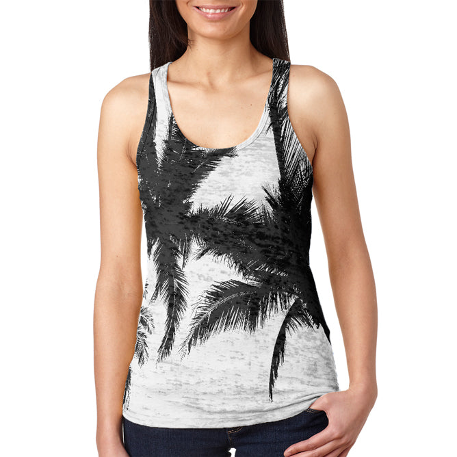 Black And White Palm Tree Silhouette Juniors Burnout Racerback Tank Top Juniors Tank Tops Old Glory LG Multi 