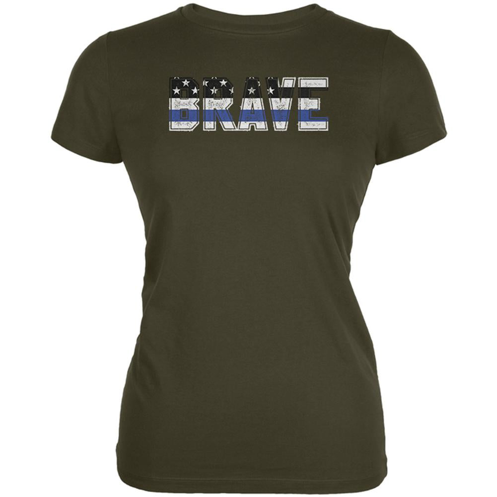 Brave Police Thin Blue Line Flag Juniors Soft T Shirt Juniors T-Shirts Old Glory 2XL Army 