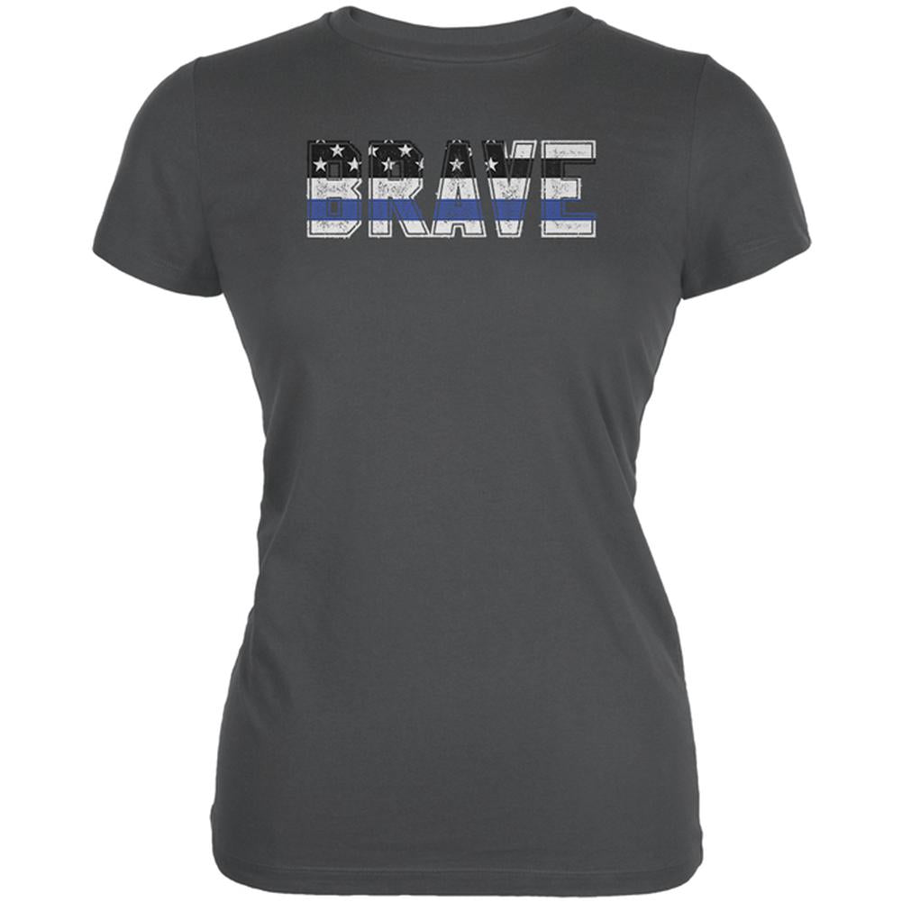 Brave Police Thin Blue Line Flag Juniors Soft T Shirt Juniors T-Shirts Old Glory 2XL Asphalt 