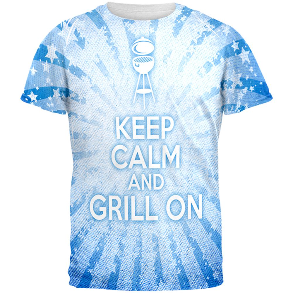 Keep Calm and Grill On Blue All Over Mens T Shirt Men's T-Shirts Old Glory 2XL Multi 