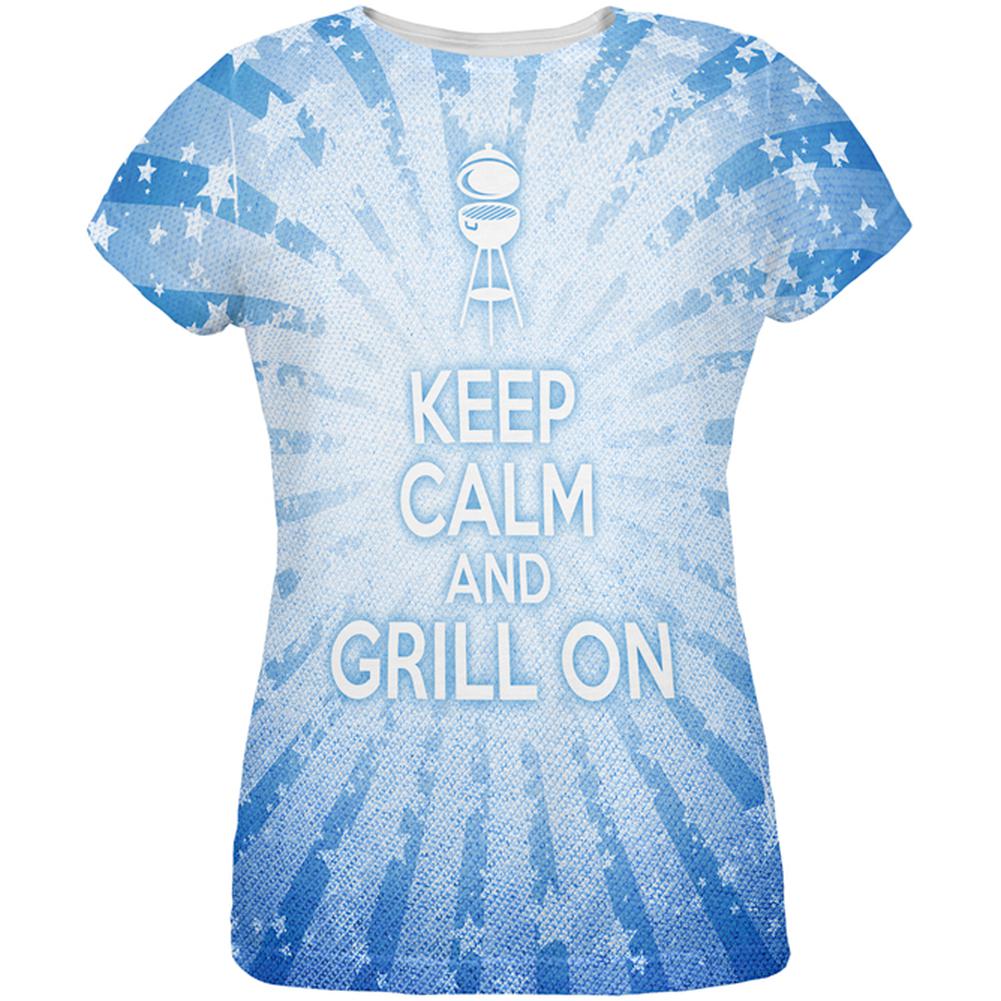 Keep Calm and Grill On Blue All Over Womens T Shirt Women's T-Shirts Old Glory 2XL Multi 