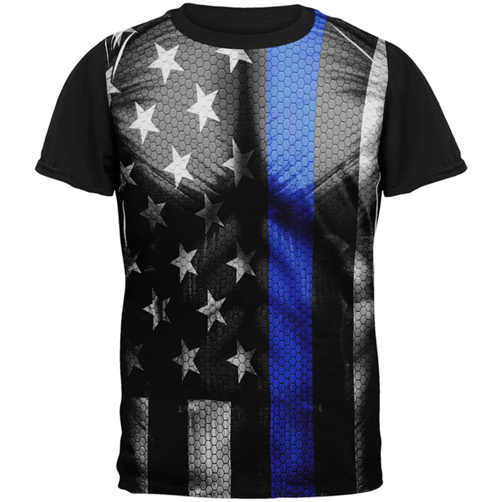 Halloween Thin Blue Line Superhero Costume All Over Mens Black Back T Shirt Men's T-Shirts Old Glory 2XL Multi 