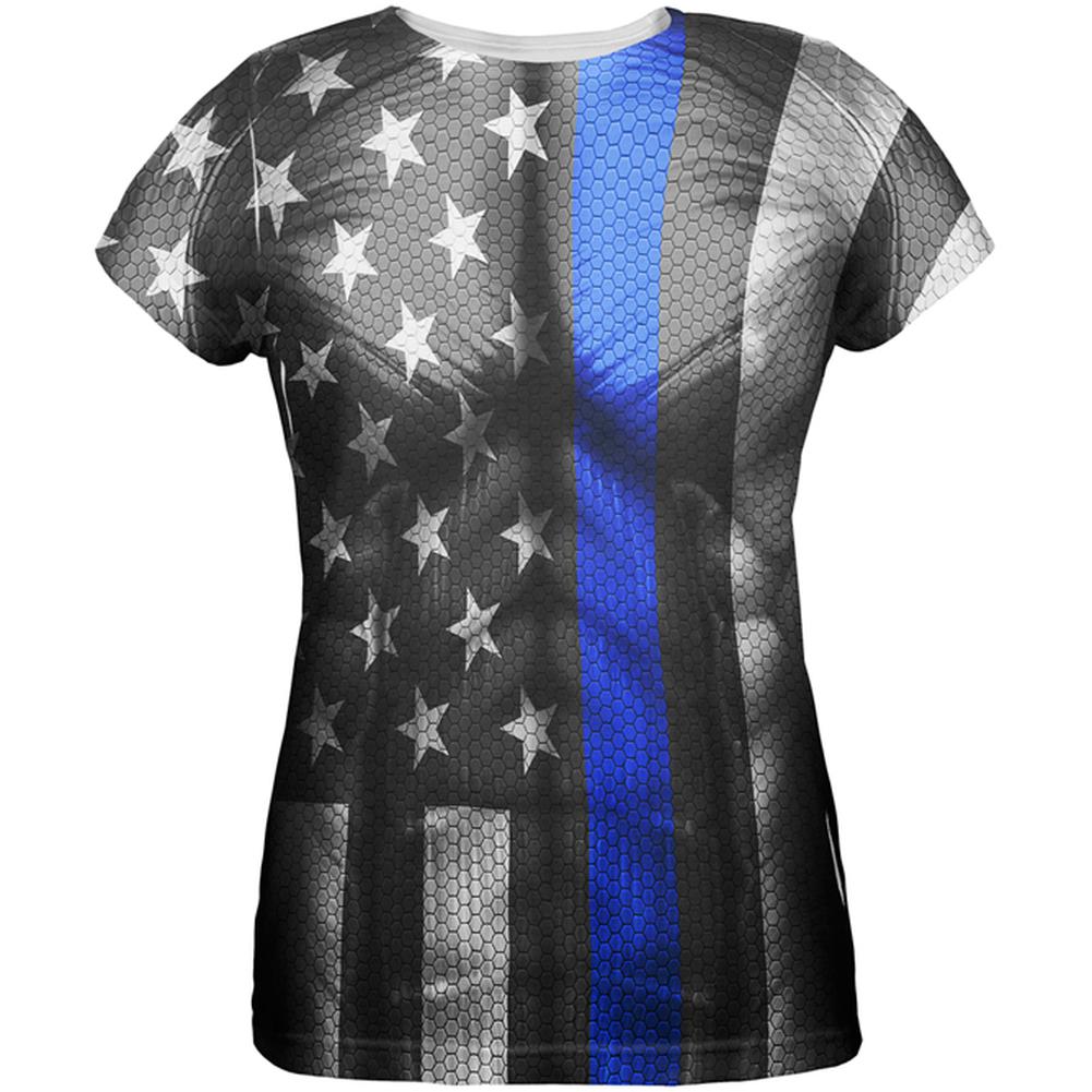 Halloween Thin Blue Line Superhero Costume All Over Womens T Shirt Women's T-Shirts Old Glory 2XL Multi 