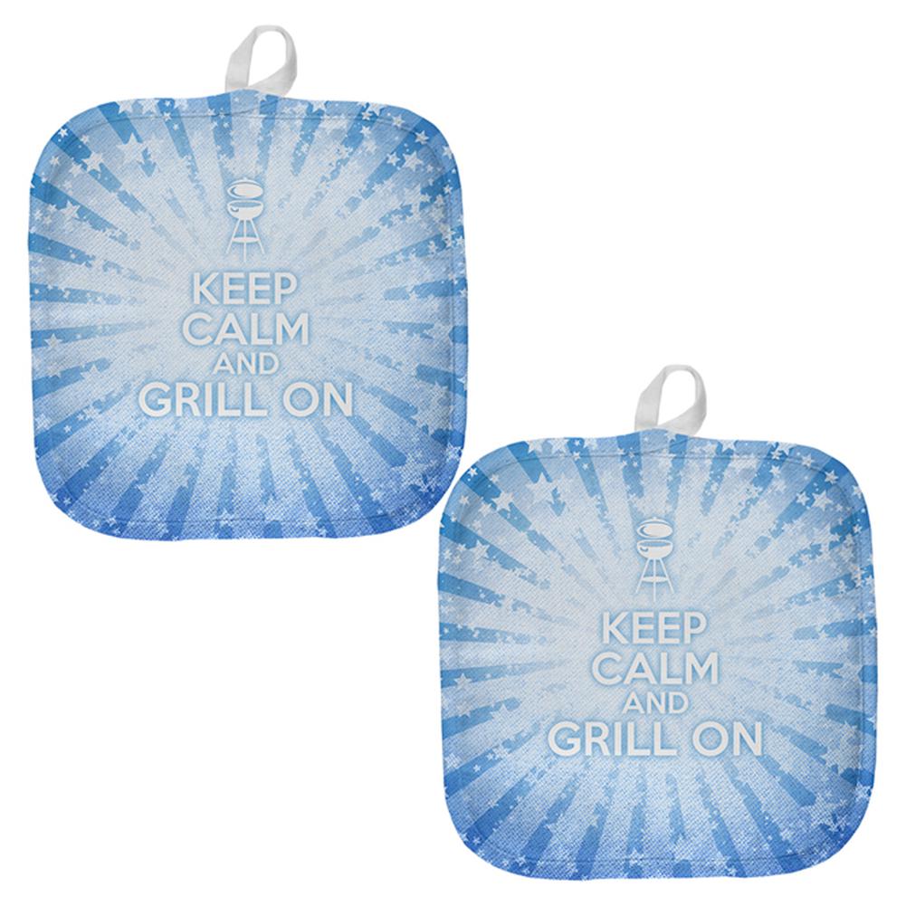 Keep Calm and Grill On Blue All Over Pot Holder (Set of 2) Pot Holders Old Glory OS Multi 