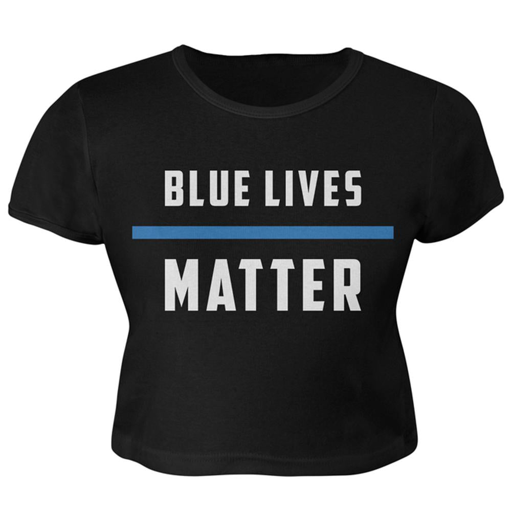 Police Blue Lives Matter Thin Blue Line Juniors Crop Top T-Shirt Juniors Crop T-Shirts Old Glory SM Black